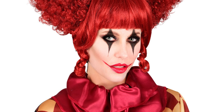 Killer clown pruik rood met twee opstaande kroezige staarten en rechte pony, voor Halloween