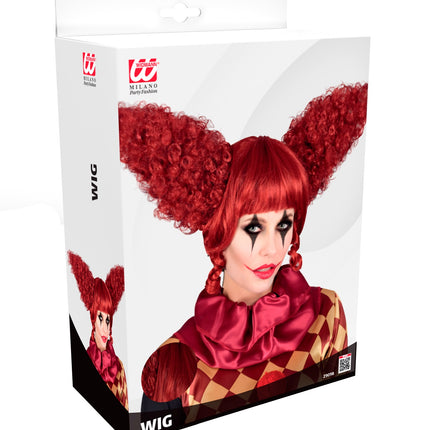 Killer clown pruik rood in de verpakking van Widmann met detailfoto van de gedraaide lok