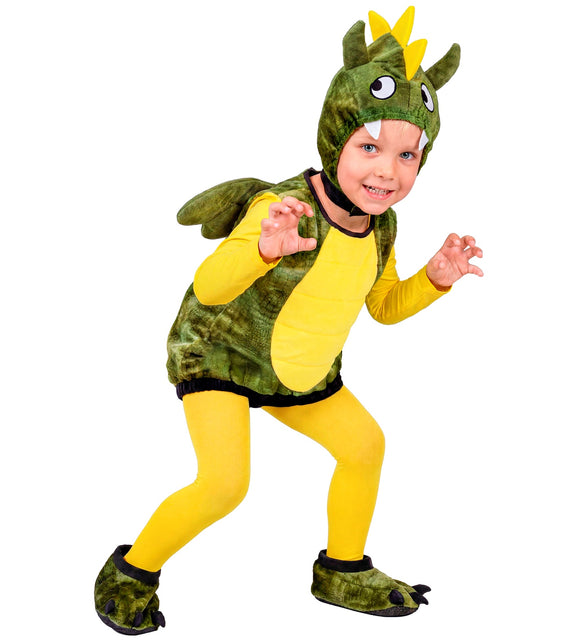 Kind in groen drakenpak met gele maillot, zijaanzicht met vleugels en gele rugkam
