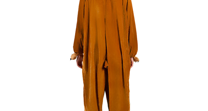 Kinderkostuum beer pluche van achteren, bruine jumpsuit met capuchon, oortjes en klein staartje
