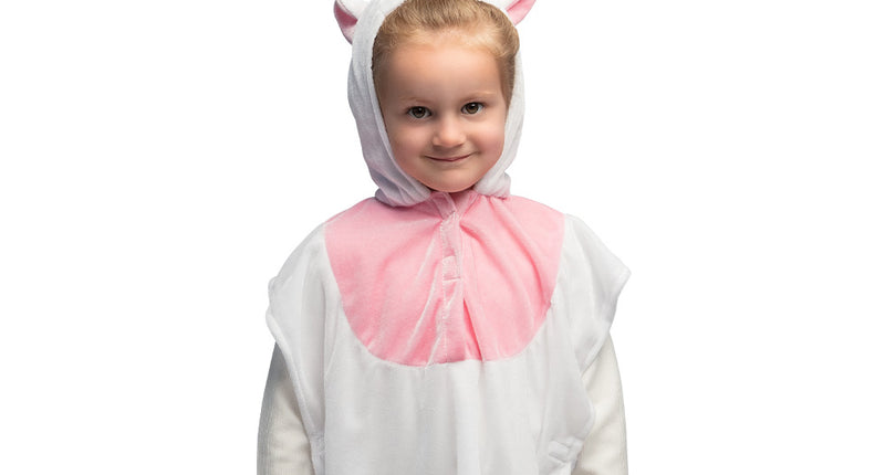 Kinderponcho eenhoorn wit met roze borststuk en gouden hoorn op de capuchon, voor een kinderfeestje