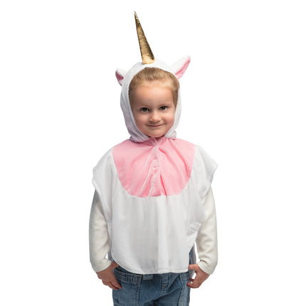 Kinderponcho eenhoorn wit met roze borststuk en gouden hoorn op de capuchon, voor een kinderfeestje