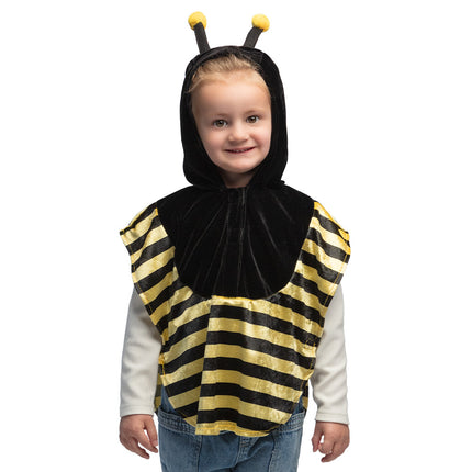 Kinderponcho honingbij in zwart met gele strepen en capuchon met sprietjes, voor een dierenfeest