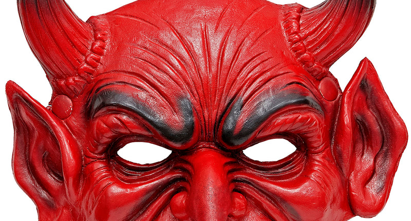 Kinloos masker duivel rood met zwarte hoorns, spitse oren en twee lange hoektanden