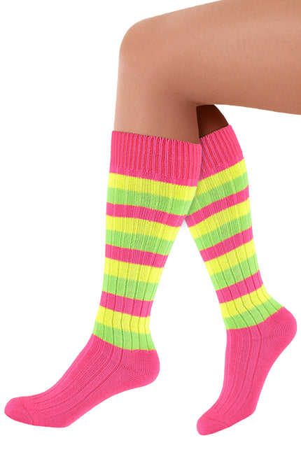 Kniekousen pink neon gestreept met neongele en groene strepen, ribgebreid, voor een jaren 80-feest