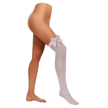 Kniekousen wit met witte strik, dunne stay-up kousen tot boven de knie voor dames op een themafeest