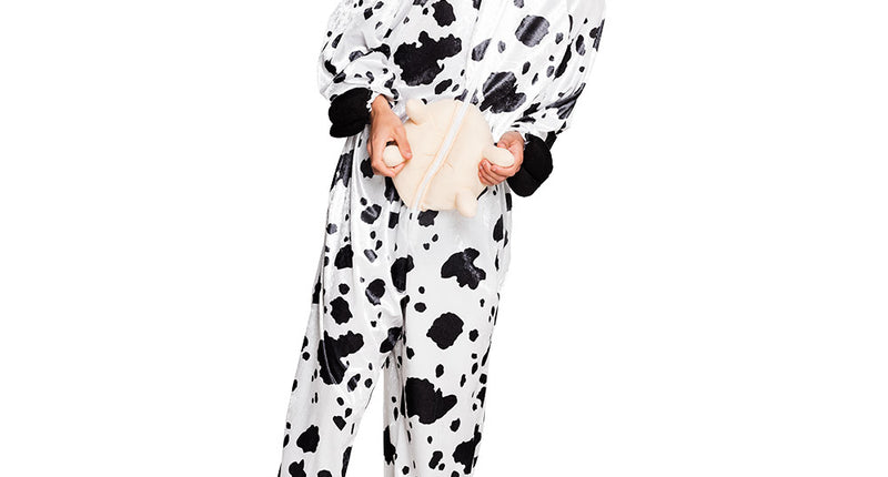 Koe onesie pluche in wit met zwarte vlekken, capuchon met koeienkop en pluche uier