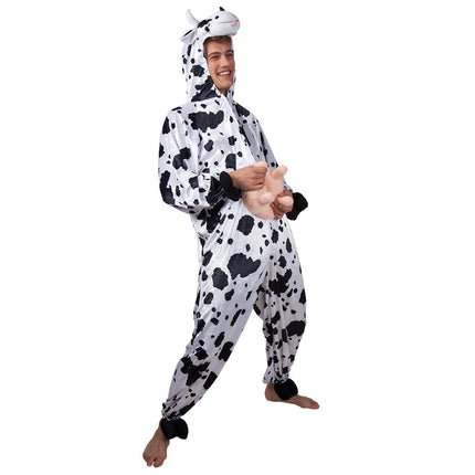 Koe onesie zijaanzicht met zwarte pluche hoefjes aan enkels en manchetten