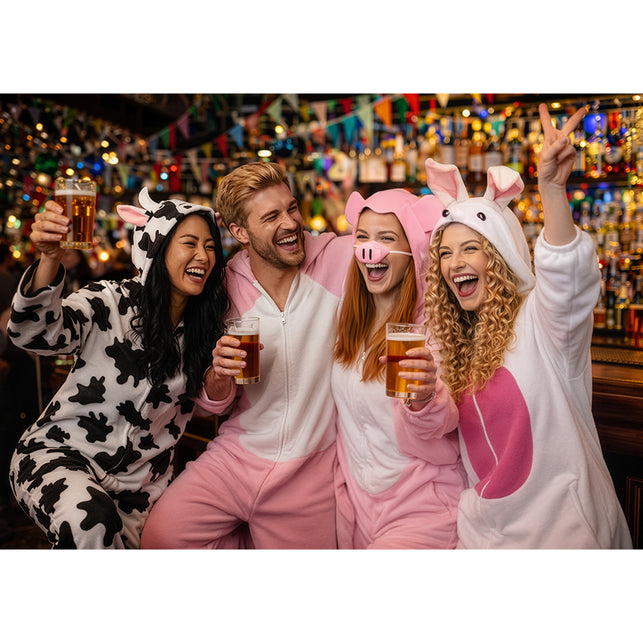 Koeienpak in een kroeg tijdens een verkleedfeest met een groep in pluche dierenpakken