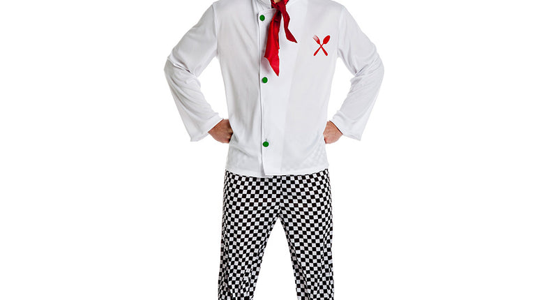 Kok kostuum heren met witte koksjas, zwart-wit geblokte broek, koksmuts en rood sjaaltje voor een themafeest