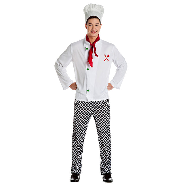 Kok kostuum heren met witte koksjas, zwart-wit geblokte broek, koksmuts en rood sjaaltje voor een themafeest