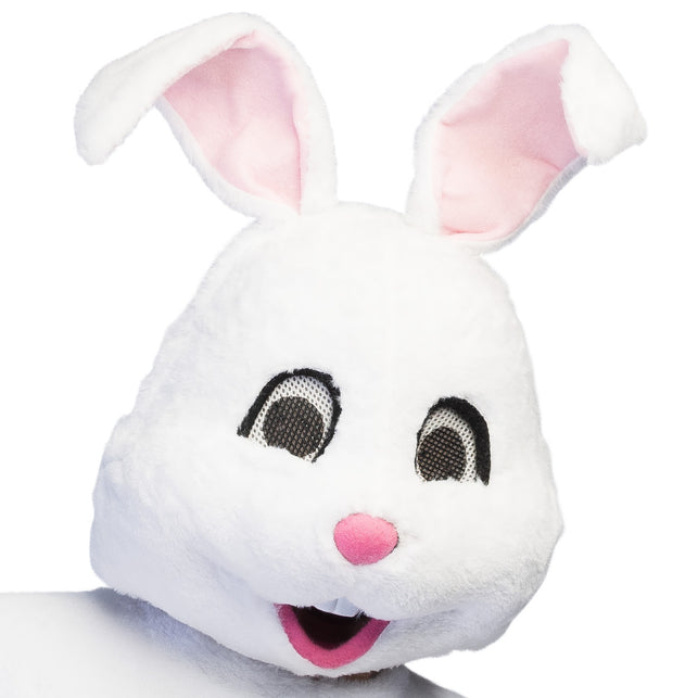 Konijnenmasker met roze binnenoren, ogen van donker gaas, roze neus en twee voortanden