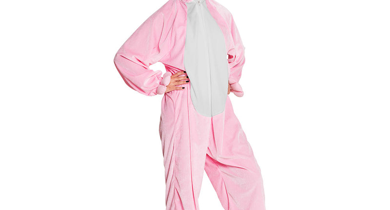 Konijnenpak tiener in roze pluche met capuchon, konijnenoren en witte buik, gedragen op een themafeest
