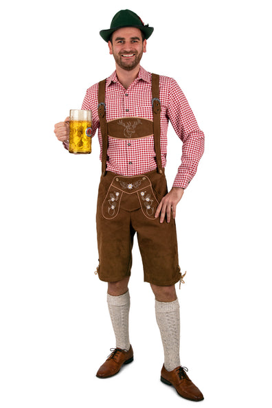 Korte tiroler broek bruin met koordjes in de beenzoom, net boven de knie