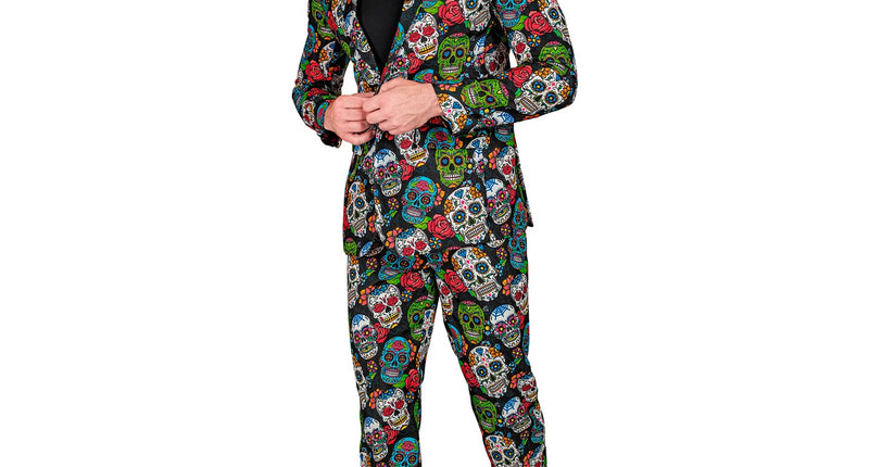 Kostuum dag van de doden Mexico met kleurrijke calaveraprint op zwart, jas en broek voor heren