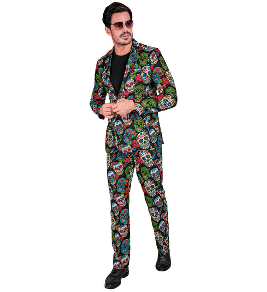 Kostuum dag van de doden Mexico met kleurrijke calaveraprint op zwart, jas en broek voor heren