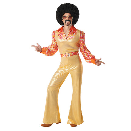 Kostuum Funky king 70s 80s heren met gouden top, bloemenshirt met pofmouwen en wijde gouden broek