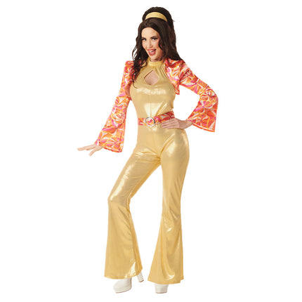 Kostuum Funky queen 70s 80s dames, gouden jumpsuit met kort gilet in oranje-roze bloemenprint voor een discofeest