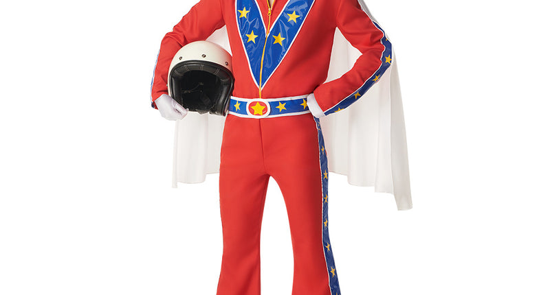 Kostuum Johnny Jumpcrash heren, rode jas en wijde broek met blauwe sterrenbanen en witte cape voor een jaren 50-feest