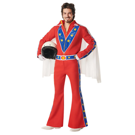 Kostuum Johnny Jumpcrash heren, rode jas en wijde broek met blauwe sterrenbanen en witte cape voor een jaren 50-feest