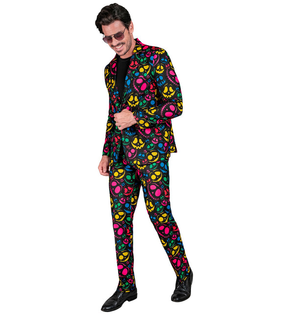 Kostuum neon geesten Halloween met gekleurde spookkoppen op zwarte jas en broek, voor heren