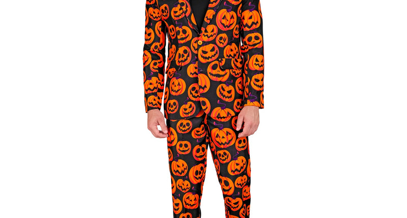 Kostuum pompoen halloween voor heren: zwart colbert en broek met oranje pompoengezichten voor Halloween