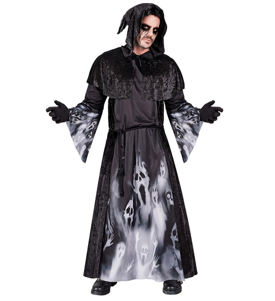 Kostuum schreeuwende zielen heren, zwart gewaad met kap, cape en spookopdruk voor Halloween