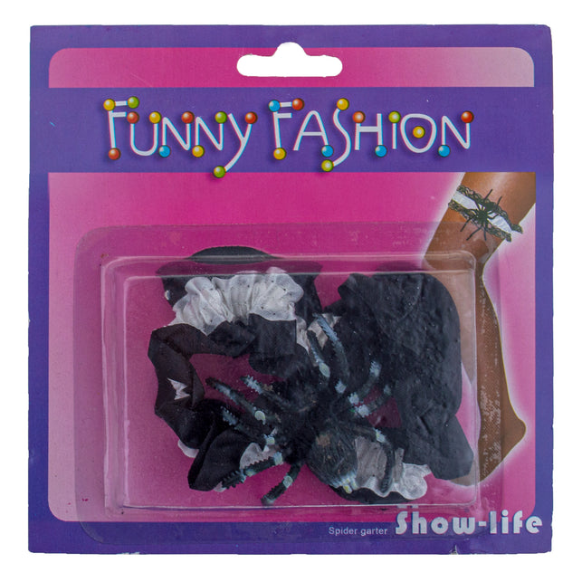Kousenband met spin van Funny Fashion in de verpakking op kaart