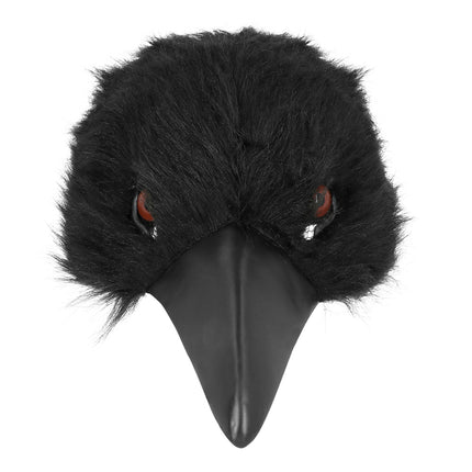 Kraaienmasker van voren, met ruige pluche rond twee bruine vogelogen en een gladde snavel