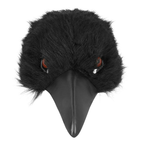 Kraaienmasker van voren, met ruige pluche rond twee bruine vogelogen en een gladde snavel