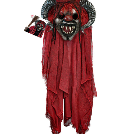 Krampus masker met lange rode gaascape en zwarte haarslierten, volledige achterkant zichtbaar