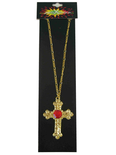 Kruis aan ketting goud met steen, goudkleurige hanger met ronde rode steen aan fijne schakelketting