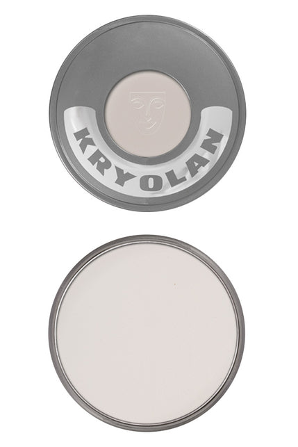 Kryolan cake make-up 070 in wit, rond doosje met zilvergrijs deksel en maskerlogo