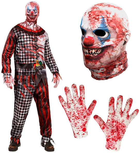 Kwaadaardige clown kostuum Mila compleet: jas, broek, bloederige handschoenen en clownmasker