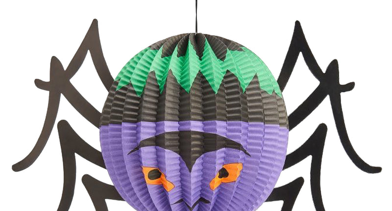 Lampion spin van paars papier met groene punten, oranje ogen en acht zwarte poten voor Halloween