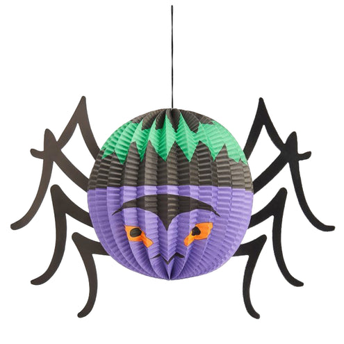 Lampion spin van paars papier met groene punten, oranje ogen en acht zwarte poten voor Halloween