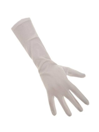 Lang wit handschoenmodel van nylon, zijaanzicht met lichte glans op de stof