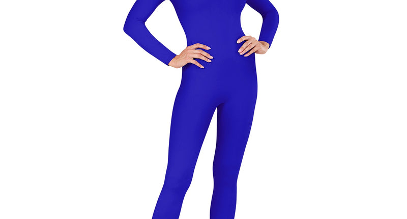 Lange blauwe body voor dames met ronde hals en lange mouwen, vooraanzicht voor een verkleedfeest