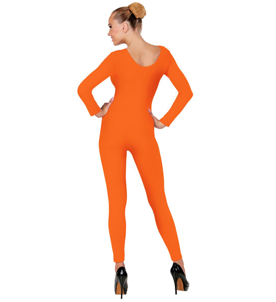 Lange body oranje voor dames op de rug gezien, met lage ronde uitsnijding en pijpen tot de enkel