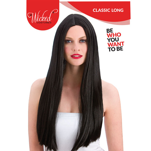 Lange zwarte damespruik met glad steil haar over de schouders, klassiek model voor een themafeest