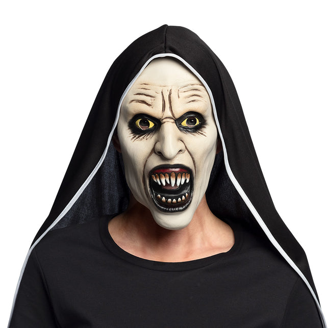 Latex gezichtsmasker Screaming nun met bleek gezicht, gele ogen en zwarte kap voor Halloween