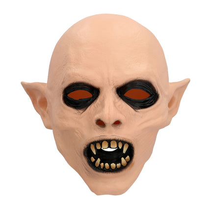 Latex hoofdmasker Ghoul vooraanzicht met zwart omrande ogen, gelige tanden en lange hoektanden