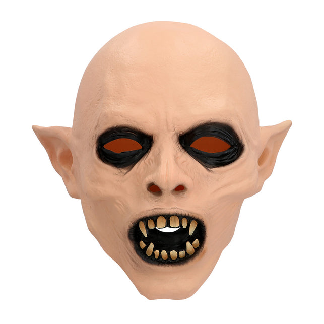 Latex hoofdmasker Ghoul vooraanzicht met zwart omrande ogen, gelige tanden en lange hoektanden
