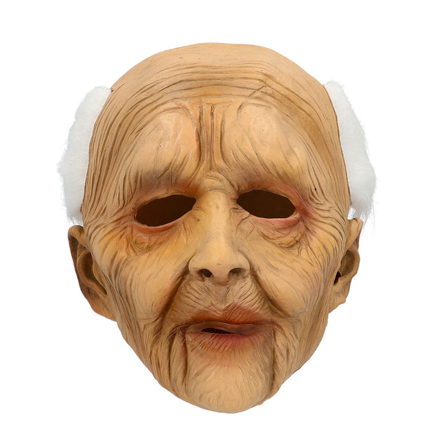 Latex hoofdmasker oude man vooraanzicht met diepe rimpels, hangende oogleden en open mond