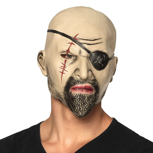 Latex hoofdmasker piraat met zwarte ooglap, rode littekens en donkere baard voor heren