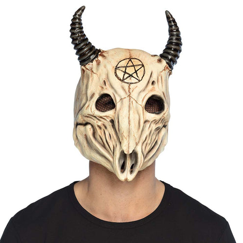 Latex hoofdmasker ram schedel met zwarte hoorns en pentagram, gedragen voor Halloween