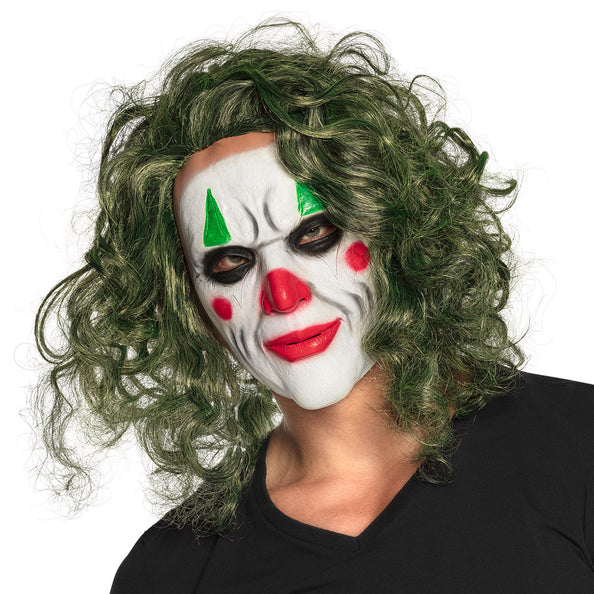Latex hoofdmasker De Schurk met wit clownsgezicht, rode lach en groene krullen voor Halloween