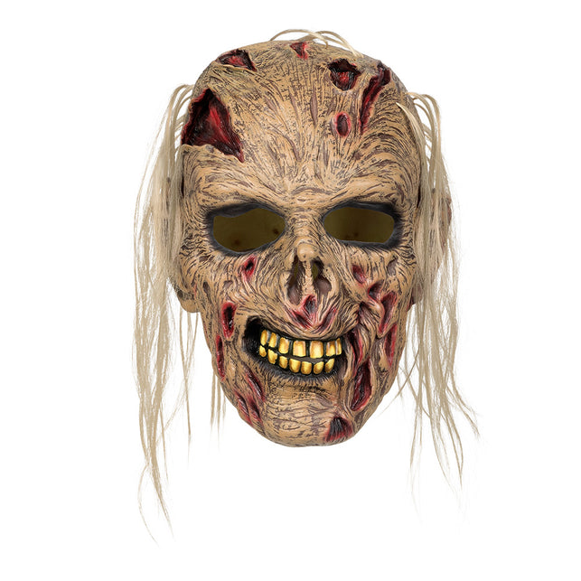 Latex hoofdmasker Zombie Grumble vooraanzicht met open wonden en grijnzende mond