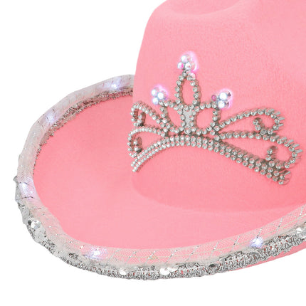 LED cowboyhoed kind Glimmer close-up van de strasstiara met ledlampjes en de rand met pailletten en wit gaas