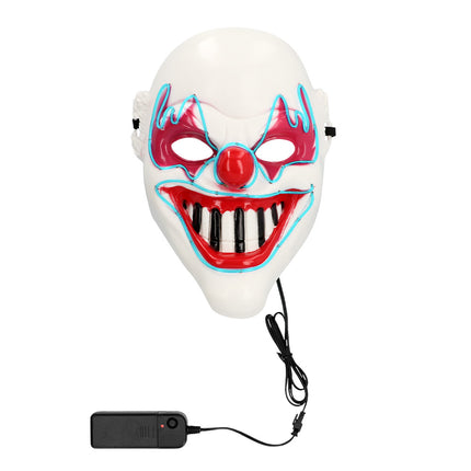 LED masker Clown horror vooraanzicht met rode neus, rode grijns en turquoise lichtlijnen rond ogen en mond